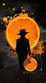 Silhouetted wanderer with citrus halo in bold digital painting.