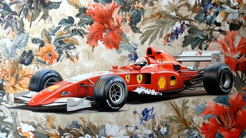 Red Formula One car rendered over dense floral backdrop