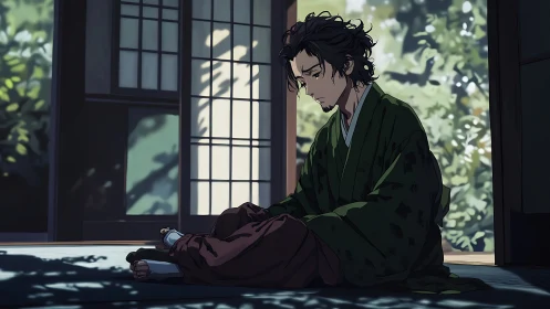 Melancholic man in kimono sits alone on sunlit tatami floor