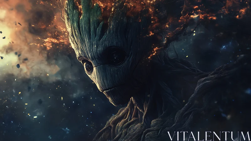 Wooden humanoid figure with burning crown in space scene.