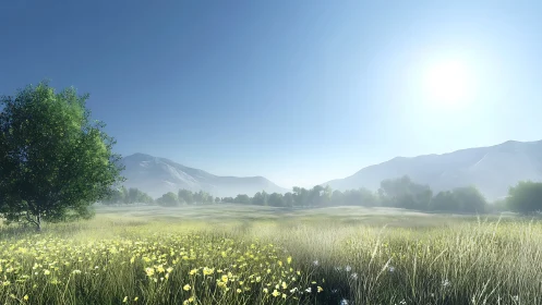 Soft morning light over misty meadow and quiet hills.