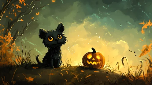 Backlit black kitten and carved pumpkin under luminous autumn sky