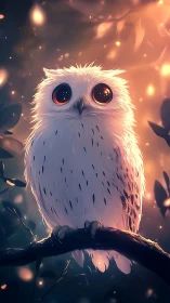 Gentle moonlit owl with bright curious eyes on a branch.