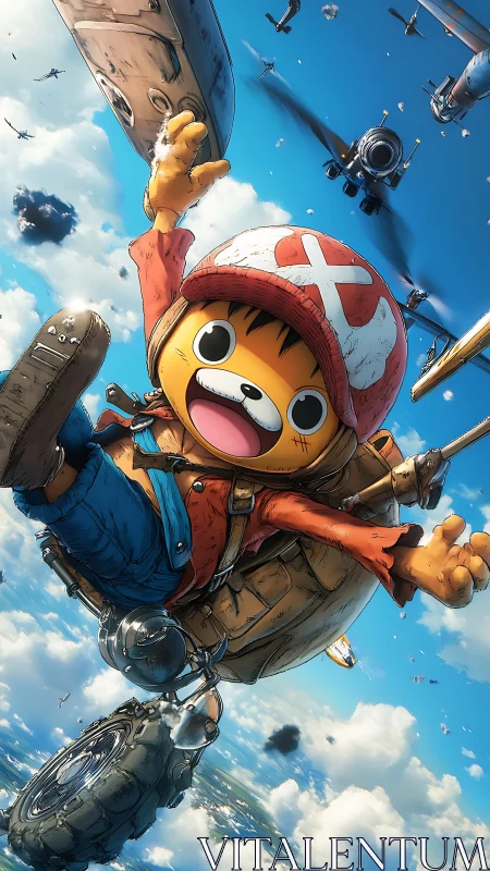 Sky-surfing critter pilot tumbles through roaring blue day.