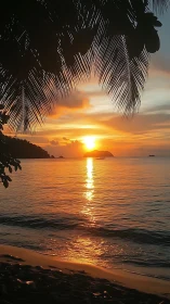 Golden tropical sunset sinks behind calm island horizon
