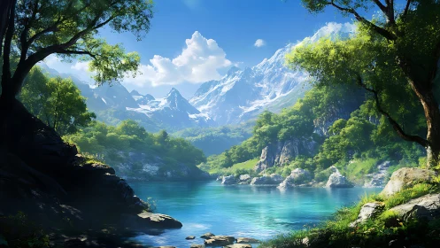 Peaceful turquoise lake cradled by sunlit alpine mountains.