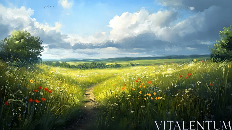 Sunlit country path curves through wildflower summer meadow