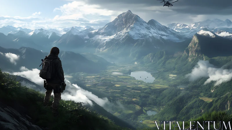 Solitary hiker quietly admires a vast misty mountain valley