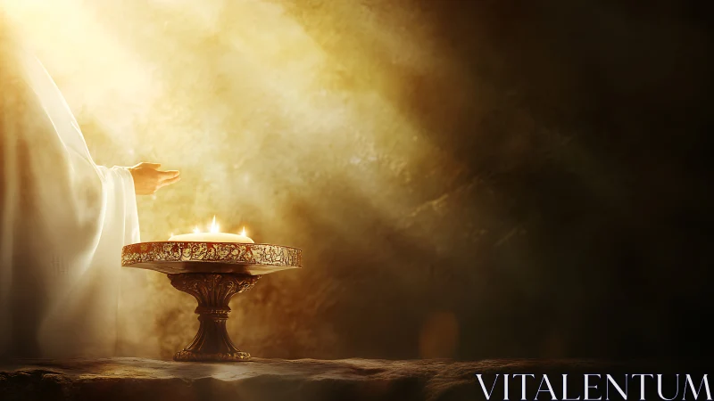 Photorealistic sacred altar scene with directional light focus.