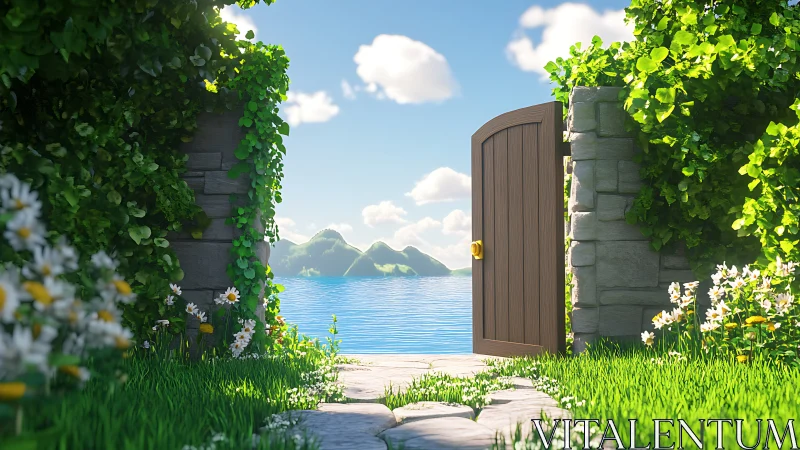 Garden doorway opens onto sunlit lake of quiet wonders.