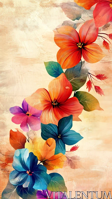 Vertical Floral Cascade in Watercolor and Oil Techniques.