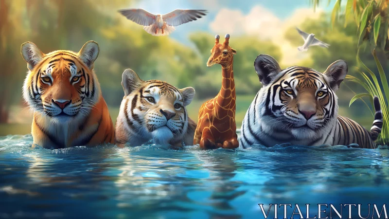 Tigers and Giraffe in Water: Wildlife Fantasy.