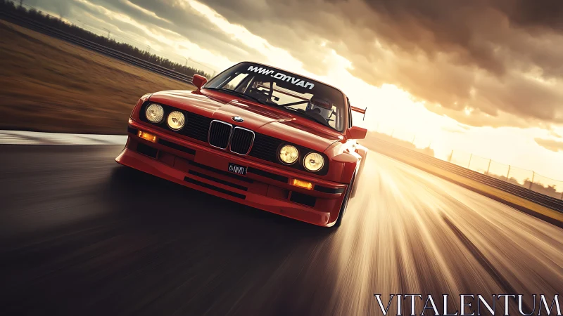 Scarlet track beast storms a glowing sunset racetrack horizon.