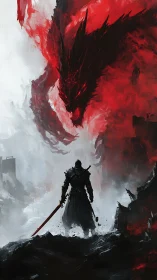 Lone swordsman confronting colossal crimson dragon spirit.