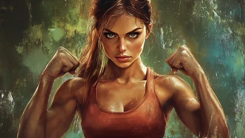 Fierce fighter locks eyes and lifts defiant, sweat-lit fists