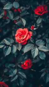 Red roses with dark foliage and selective focus composition.