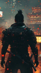 Lone cyber samurai stands ready in a neon city nightscape