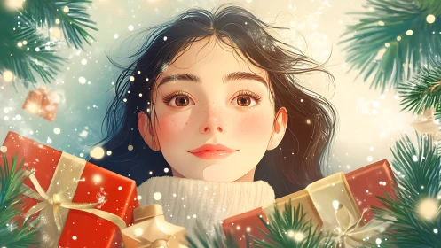 Winter glow portrait amid sparkling holiday gifts and pines.