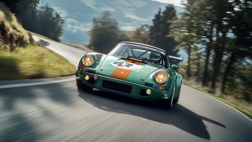 Vintage green race car charging through winding forest road.