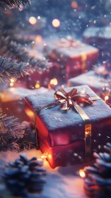 Snow-dusted gift dreams glowing beneath winter branches.