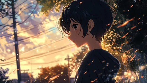 Anime twilight portrait with backlit bokeh and warm embers.