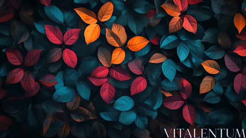Colorful red, orange and teal leaves in dense foliage pattern.