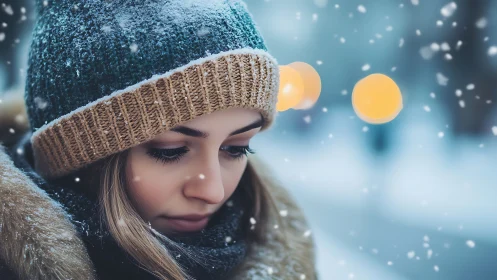 Woman in winter coat and knit hat stands in falling snow