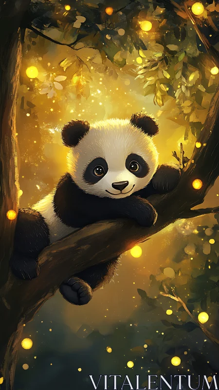 Cute baby panda resting on tree branch in glowing forest
