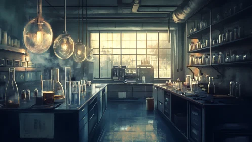 Moody industrial laboratory interior under warm glass lights