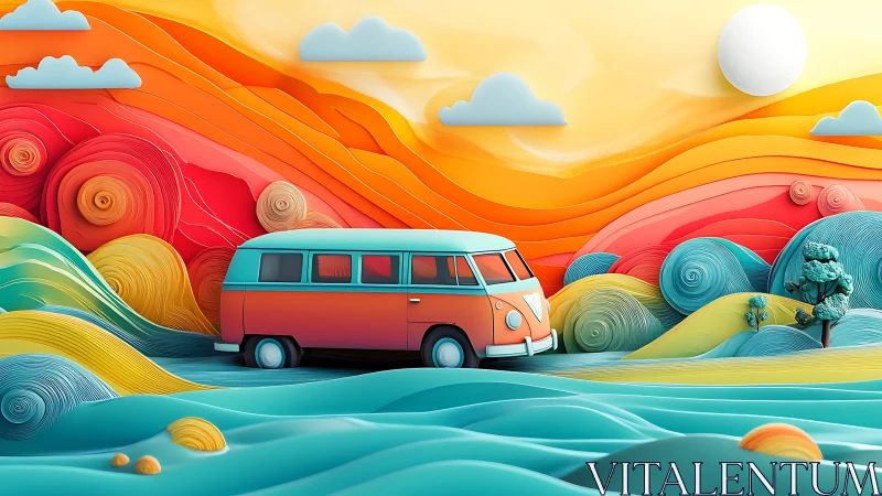 Retro van in stylized layered landscape at sunrise.