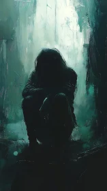 Solitary seated figure in dark teal abstract environment.