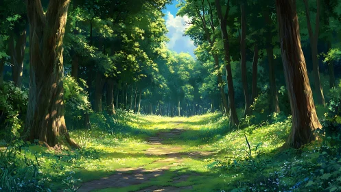 Forest Path With Towering Deciduous Trees Rendered in Digital Light Study
