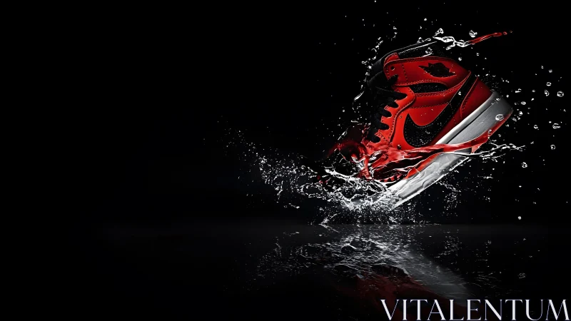 Red and Black Sneaker Splashing in Water on Dark Background.