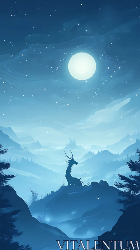 Moonlit dragon in a misty blue valley of quiet wonder.