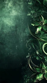 Emerald biomechanical floral curls on textured dark green field