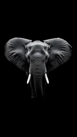Monochrome elephant portrait with frontal tusked profile.