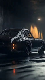Classic black coupe in dim tunnel with wet reflective floor.