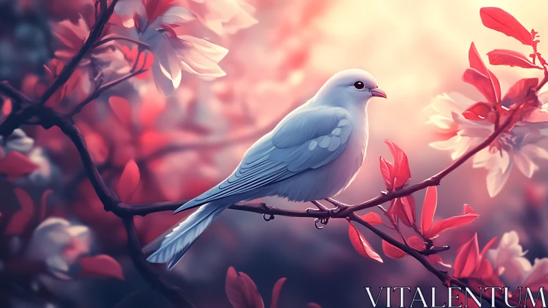 White Bird Resting on Flowering Branch at Sunset.