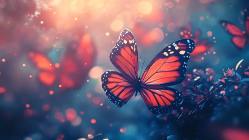 Gentle monarch butterfly drifting through glowing garden light.