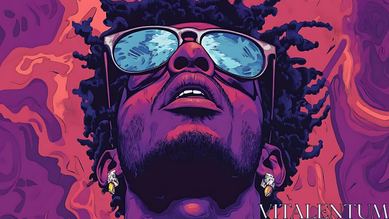 Neon portrait of reflective sunglasses and stylized curls.