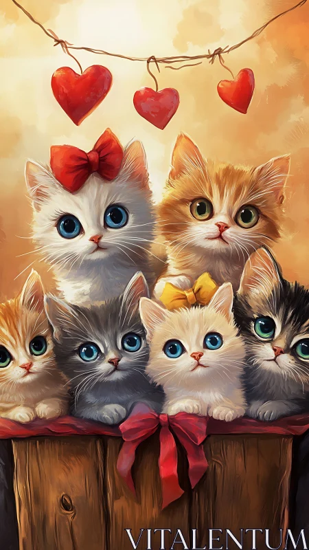 Five kittens arranged in wooden box arrangement.