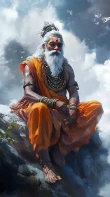 Himalayan sage in orange robes rendered with luminous clouds.