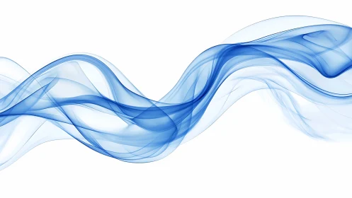 Blue translucent wave forms flowing across white field.