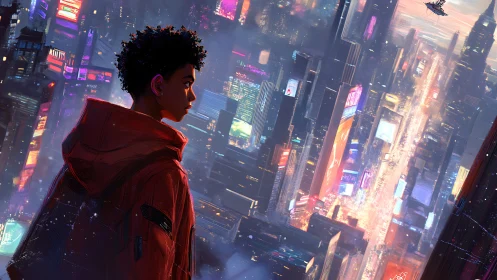 Solitary figure surveys neon-drenched cyberpunk megacity canyon