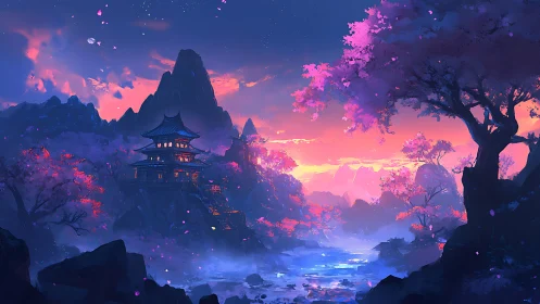 Twilight temple valley under luminous cherry blossom skies.