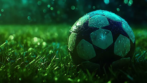 Wet soccer ball on neon-lit grass with cinematic bokeh glow.