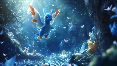 Luminous blue creature soaring in sparkling cavern poolscape.