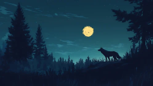 Lone wolf silhouette on forest ridge under high-contrast full moon