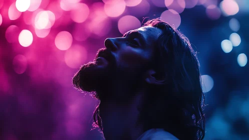 Neon backlit male profile in cinematic magenta bokeh glow.