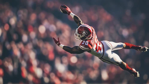 Diving football defender executes fully extended midair interception